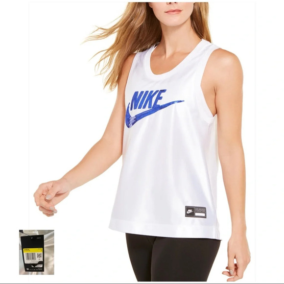 NIKE NWT White Blue Sportswear Sequin Logo Tank - Picture 1 of 14